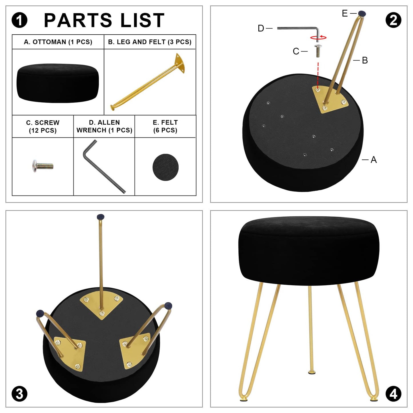 YOONIC Velvet Soft Modern Vanity Footstool -Round Footrest Stool Ottoman Side Table Seat Dressing with Golden Metal Leg and Sponge Filling,Upholstered Foot Rest, for Living Room and Bedroom Black