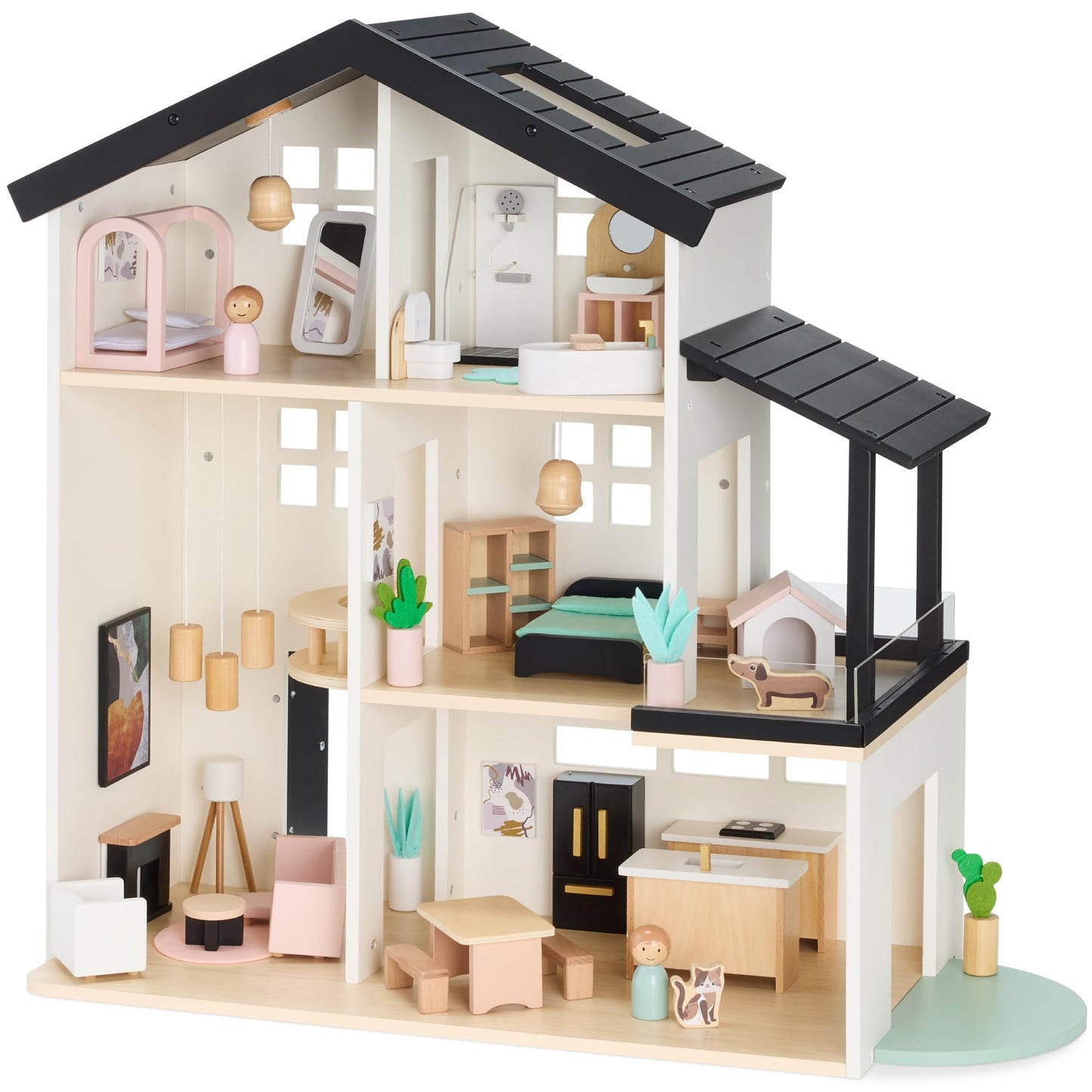Best Choice Products Modern Wooden Dollhouse for Kids, 3-Story Doll House with 40 Furniture Accessories, Interactive Dollhouse Set with Dolls, Multi-Room Design for Girls & Boys - Black