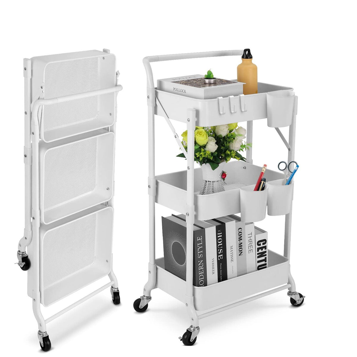 johgee Foldable 3 Tier Metal Utility Rolling Cart, Folding Mobile Multi-Function Storage Trolley Organizer Cart for Home Library Office(White)