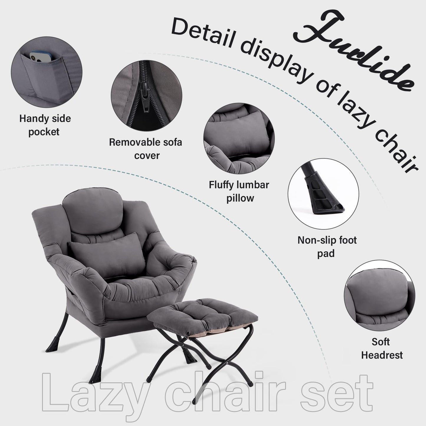 Furlide Lazy Chair with Ottoman, Comfy Fabric Accent Lounge Arm Chair with Lumbar Pillow and Folding Footrest, Reading Leisure Sofa Armchair for Bedroom, Living Room, Dorm,Dark Grey