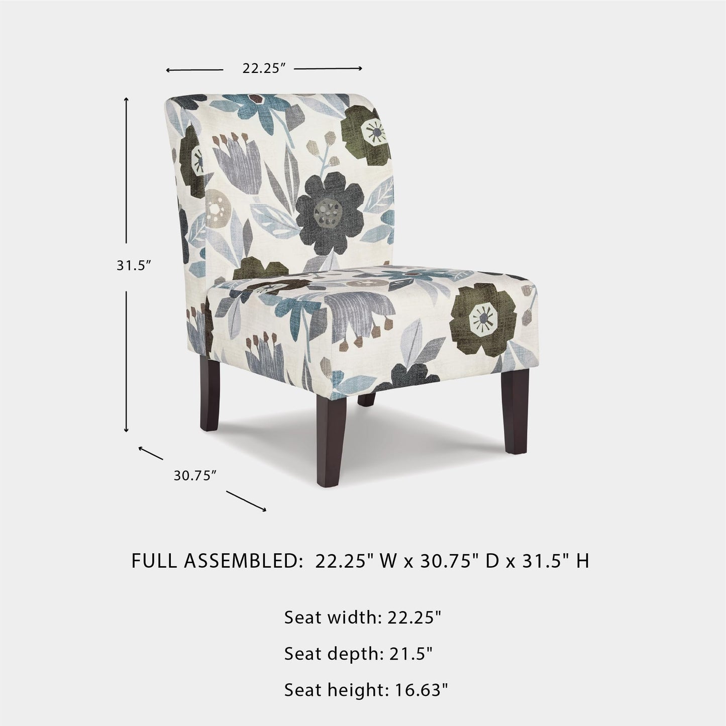 Signature Design by Ashley Triptis Floral Armless Accent Chair with Attached Cushions, Fabric Upholstery, Wood Legs, 16.63" Seat Height, White, Blue & Gray