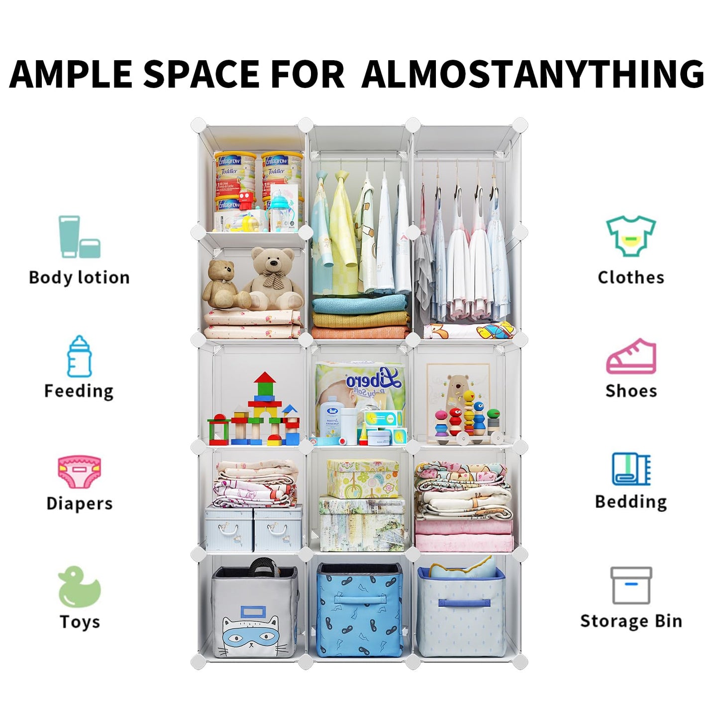 deijiner Modular Baby Wardrobe Closet, Portable Children Organizers and Storage for Nursery,15 Cubes with Hanging Rods,Multi-Functional Kids Storage Shelf-Bedroom Clothes Armoire (Boys & Girls)