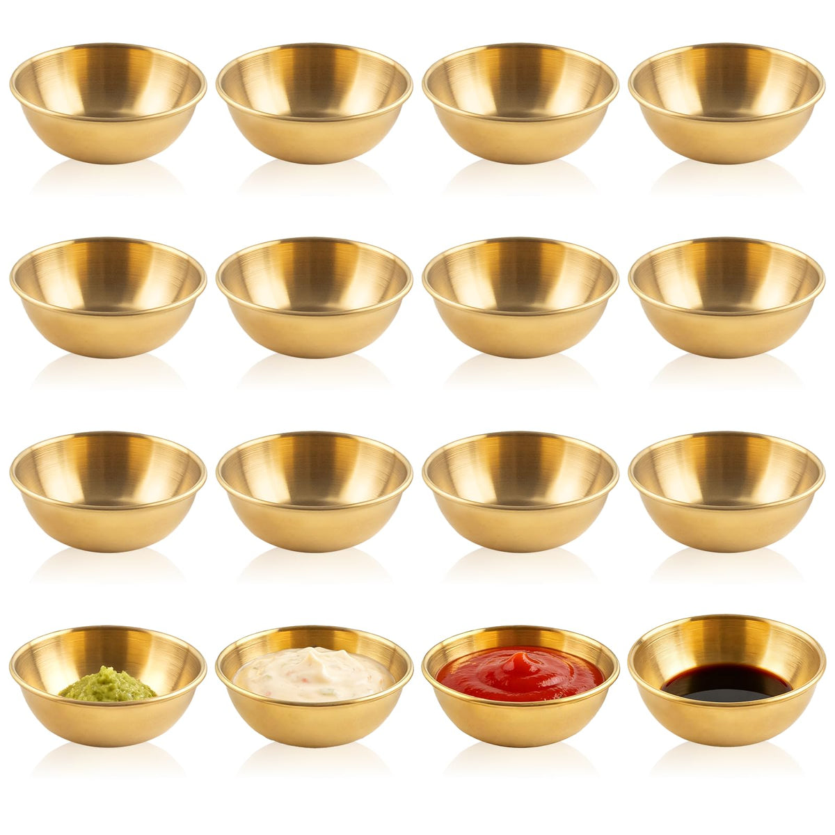 Orepzinc 16 Pcs 3.5 inch Stainless Steel Sauce Dishes Mini Individual Saucers Bowl Round Seasoning Dishes Sushi Dipping Bowl Appetizer Plates (Gold)