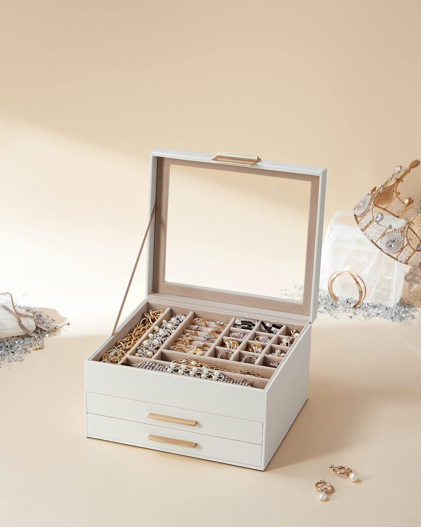 SONGMICS GISELLA Collection - Jewelry Box Organizer with Glass Lid, 3-Layer Jewelry Storage, with 2 Drawers, Modern Style, 8 x 9.1 x 5.3 Inches, Cloud White and Gold Color UJBC239WT
