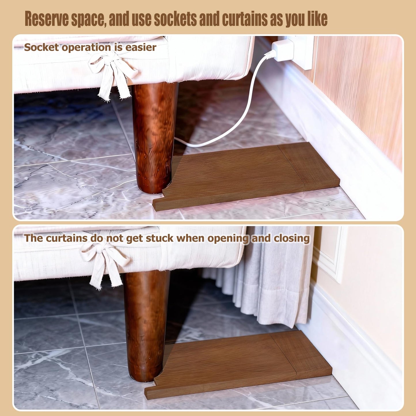 Couch Wall Spacer ，Brown Bamboo Wall Protector from Furniture，Adjustable Wood Guards for Outlets and Curtains, Anti-Scratch Couch Stoppers for Sofa, Bed, 2 Sets 6 Pieces