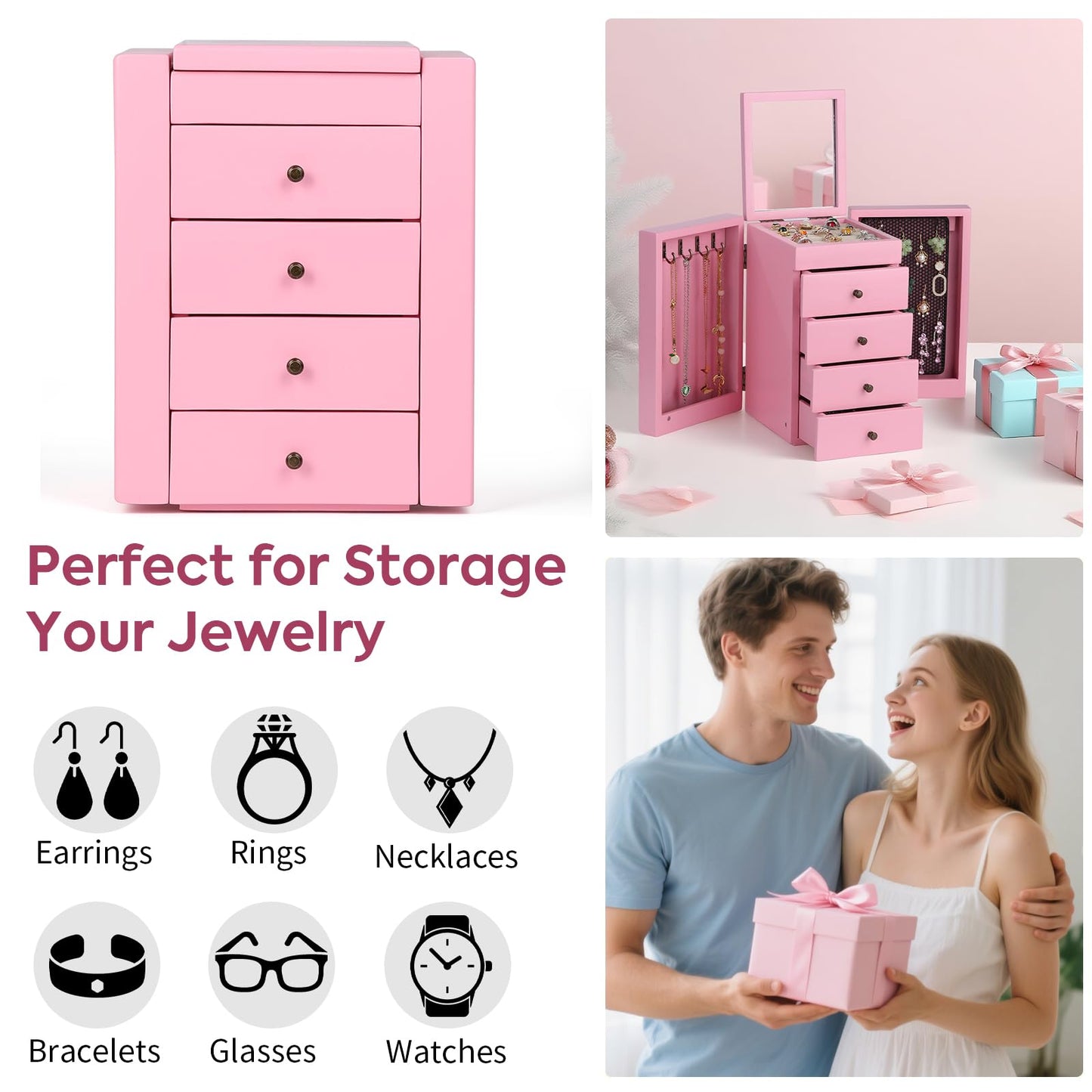 Meangood Jewelry Box Wood for Wowen, 5-Layer Large Organizer Box with Mirror & 4 Drawers for Rings, Earrings, Necklaces, Pink