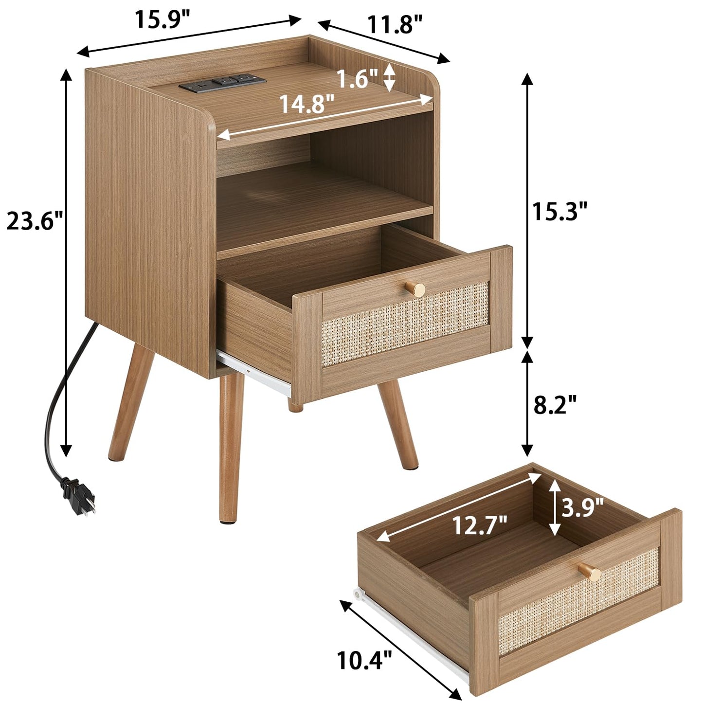 MECHYIN Night Stand Set 2, Nightstands Set of 2 with Charging Station, Rattan Side Tables with Solid Wood Legs, Boho Bedside End Table for Apartment Bedroom Dorm Small Space