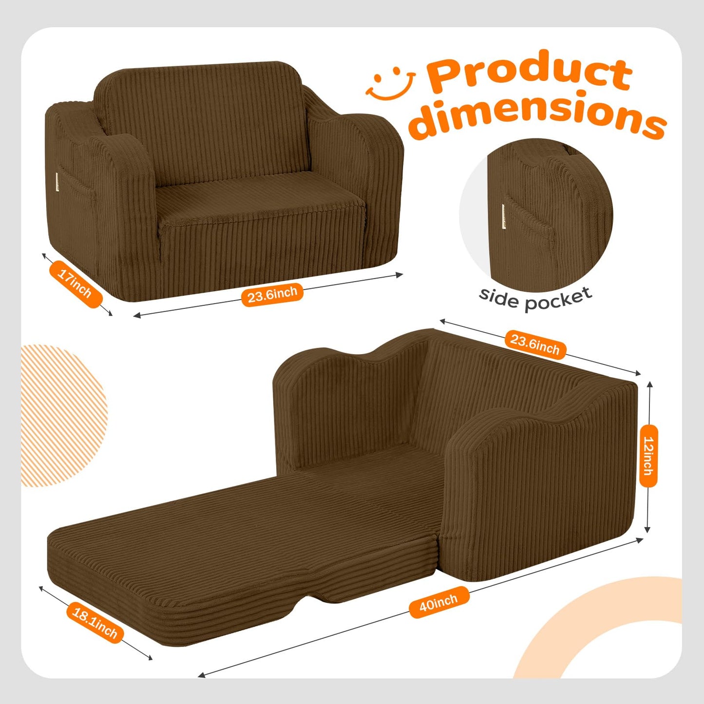 MeMoreCool Kids Couch, 2-in-1 Corduroy Kids Couch Fold Out to Recliner, Comfy Kids Chair for Ages 3+, Cushioned Foam Kids Sofa with Washable Cover for Playroom and Bedroom, Brown