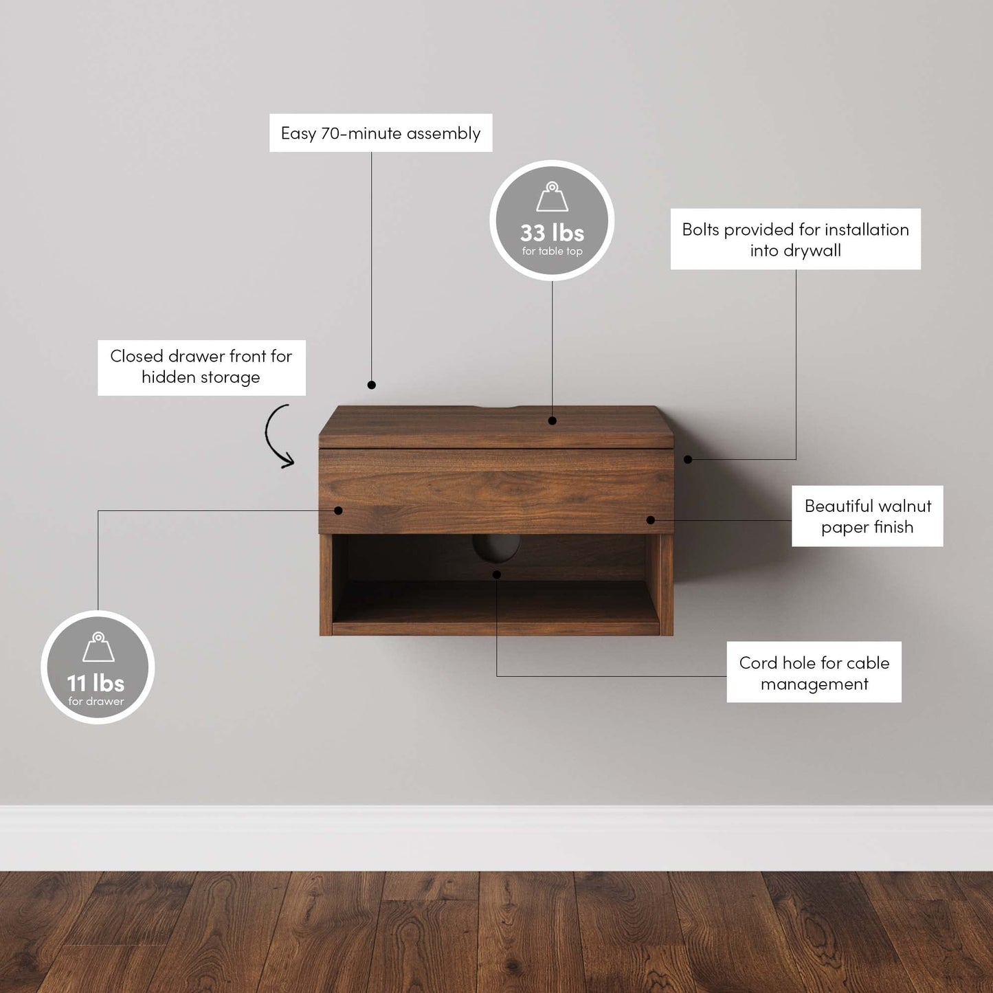 Nathan James Jackson Wall Mounted Floating Bedroom Nightstand with Storage Drawer and Modern Open Shelf Cubby, Dark Brown Walnut