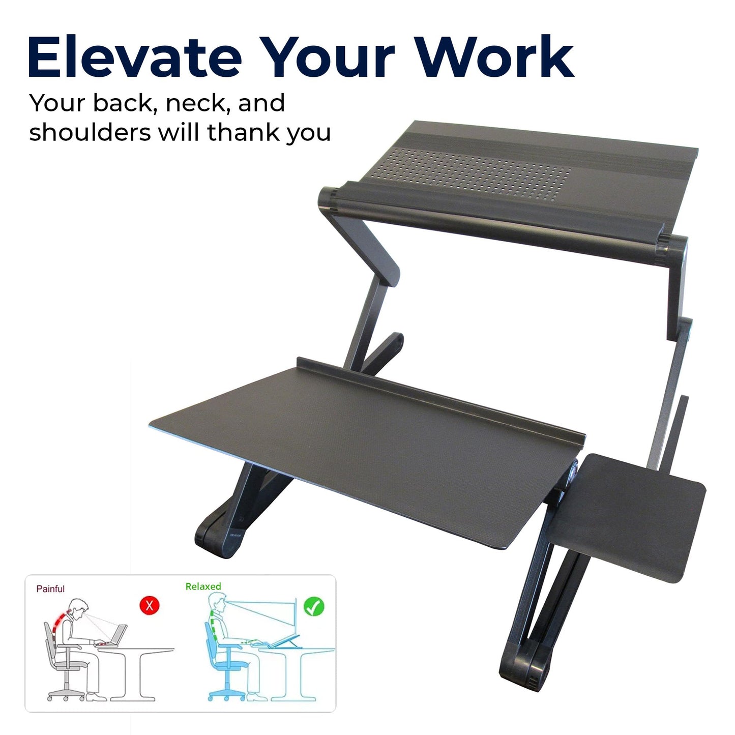 WorkEZ Adjustable Standing Desk Converter w/2 Fans & 3 USB Ports, Sit to Stand Desk Riser Monitor Standing Computer Desk, Height & Angle Negative Tilt