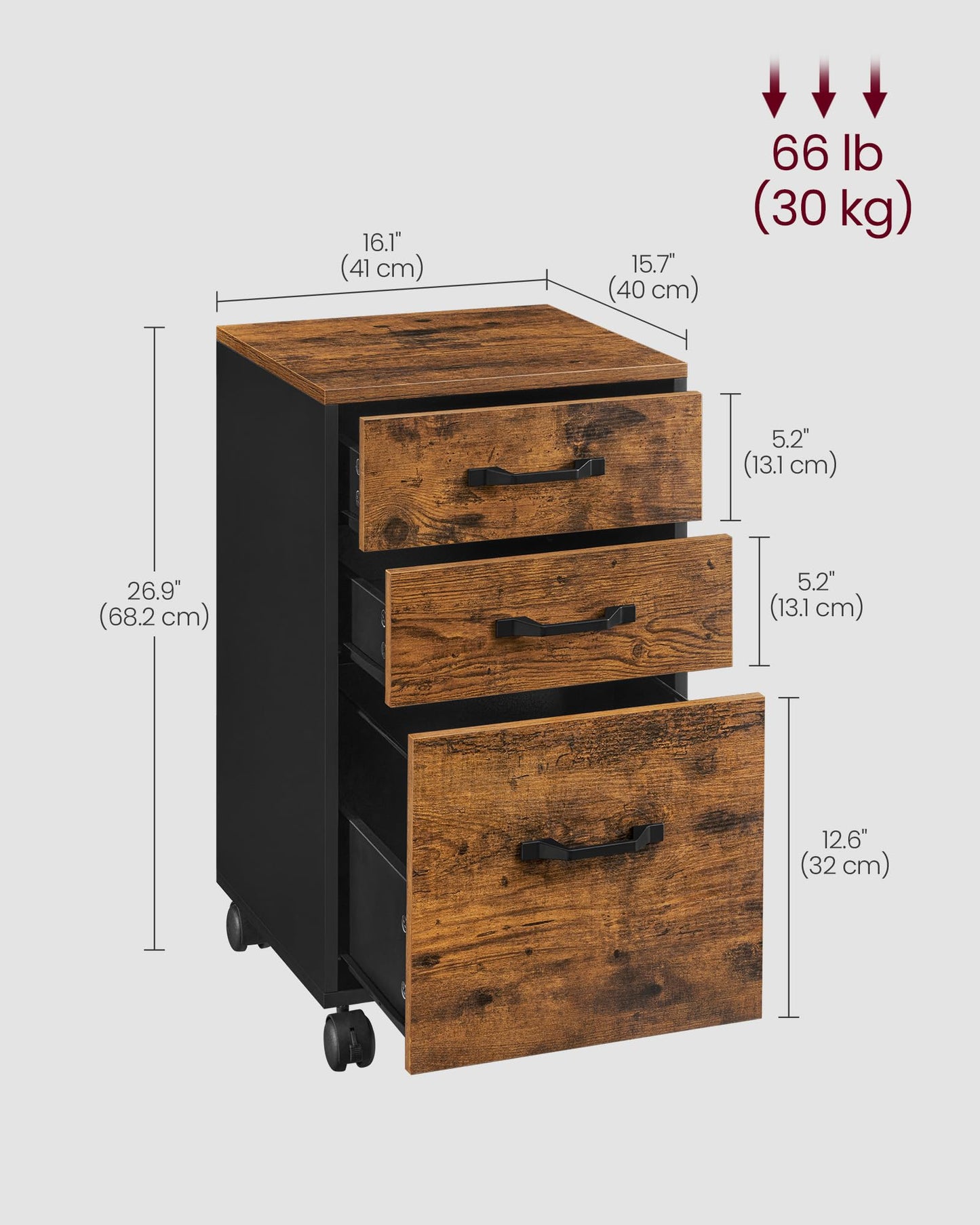 VASAGLE Custos Collection - Mobile File Cabinet, 3 Drawers Filing Cabinet with Wheels, for Home Office, for A4, Letter Sized Documents, Adjustable Hanging Rail, Rustic Brown and Black UOFC065B01