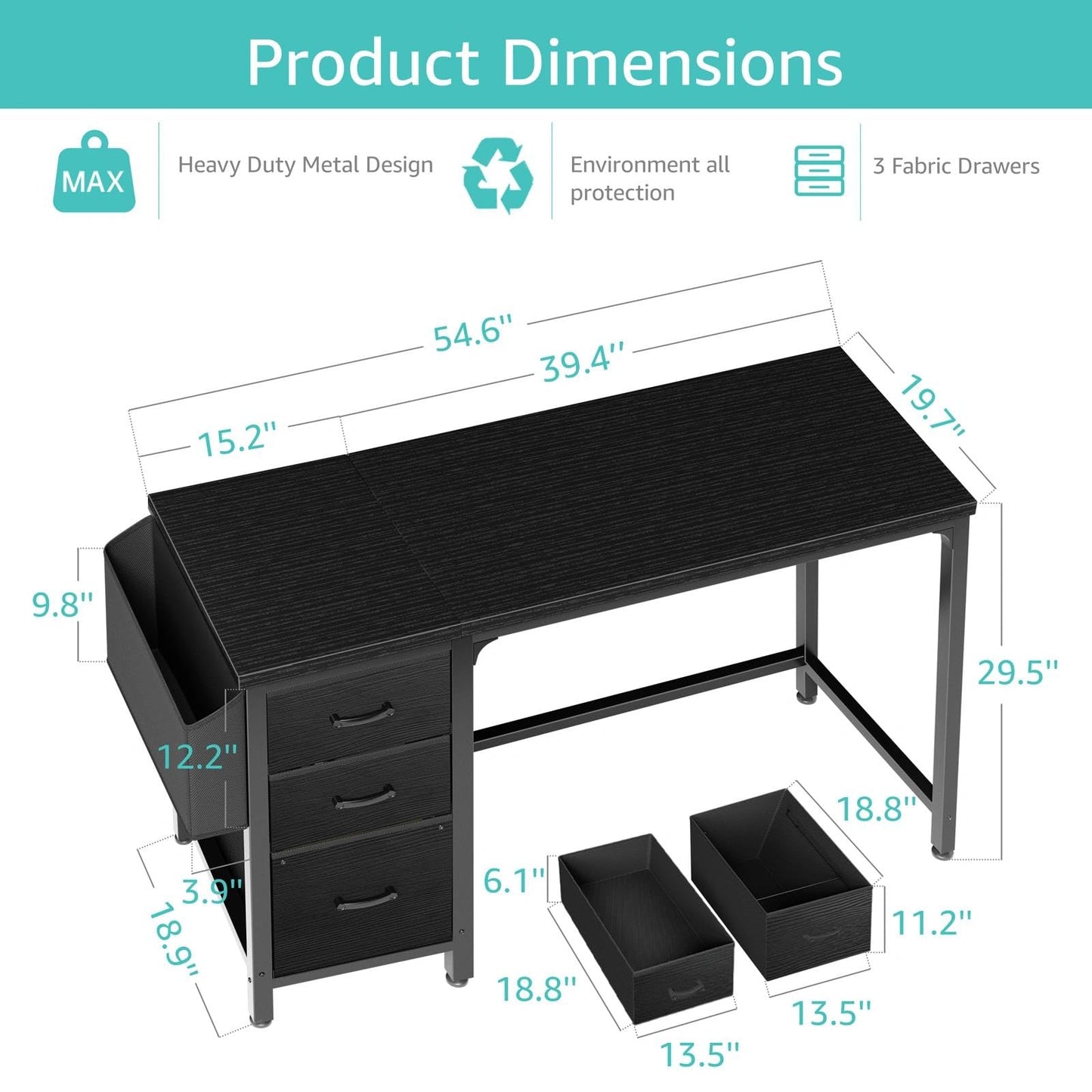 Lufeiya Computer Desk with Fabric File Drawers Cabinet, 55 Inch Reversible Home Office Desks with Filing Cabinet, Study Writing Table PC Desks with Storage for Bedroom, Black