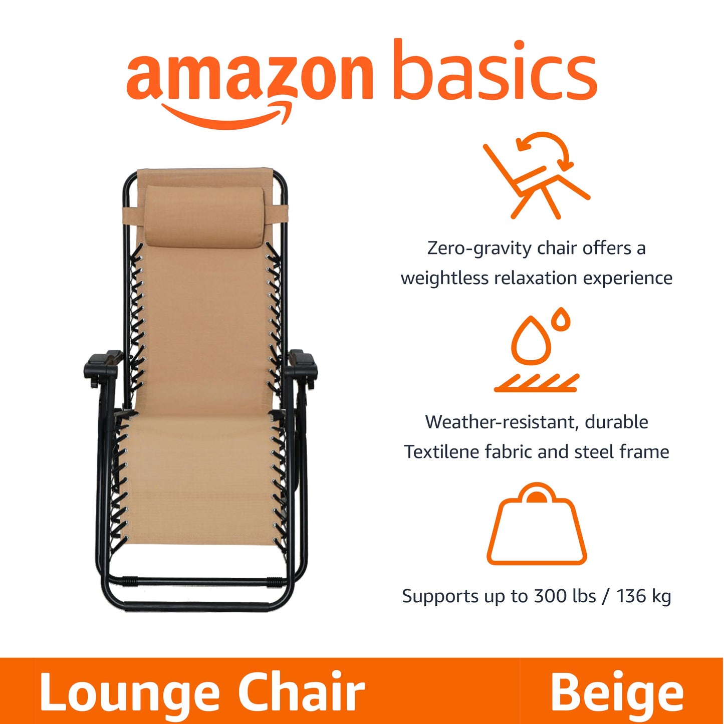 Amazon Basics Zero Gravity Lounge Chair with Pillow, Foldable Outdoor Reclining Chair for Patio and Beach, Weather-Resistant Textilene, 300 lb Capacity, 26", Beige