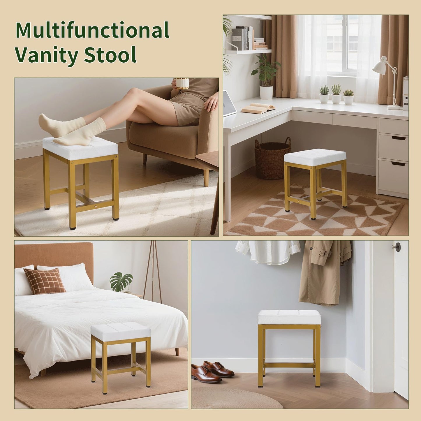 FLYZC Vanity Stool, Vanity Chair for Makeup Room, Square Linen Small Ottoman Foot Stool with Metal Legs, Modern Makeup Chair for Bedroom, Living Room, Gold & Off White