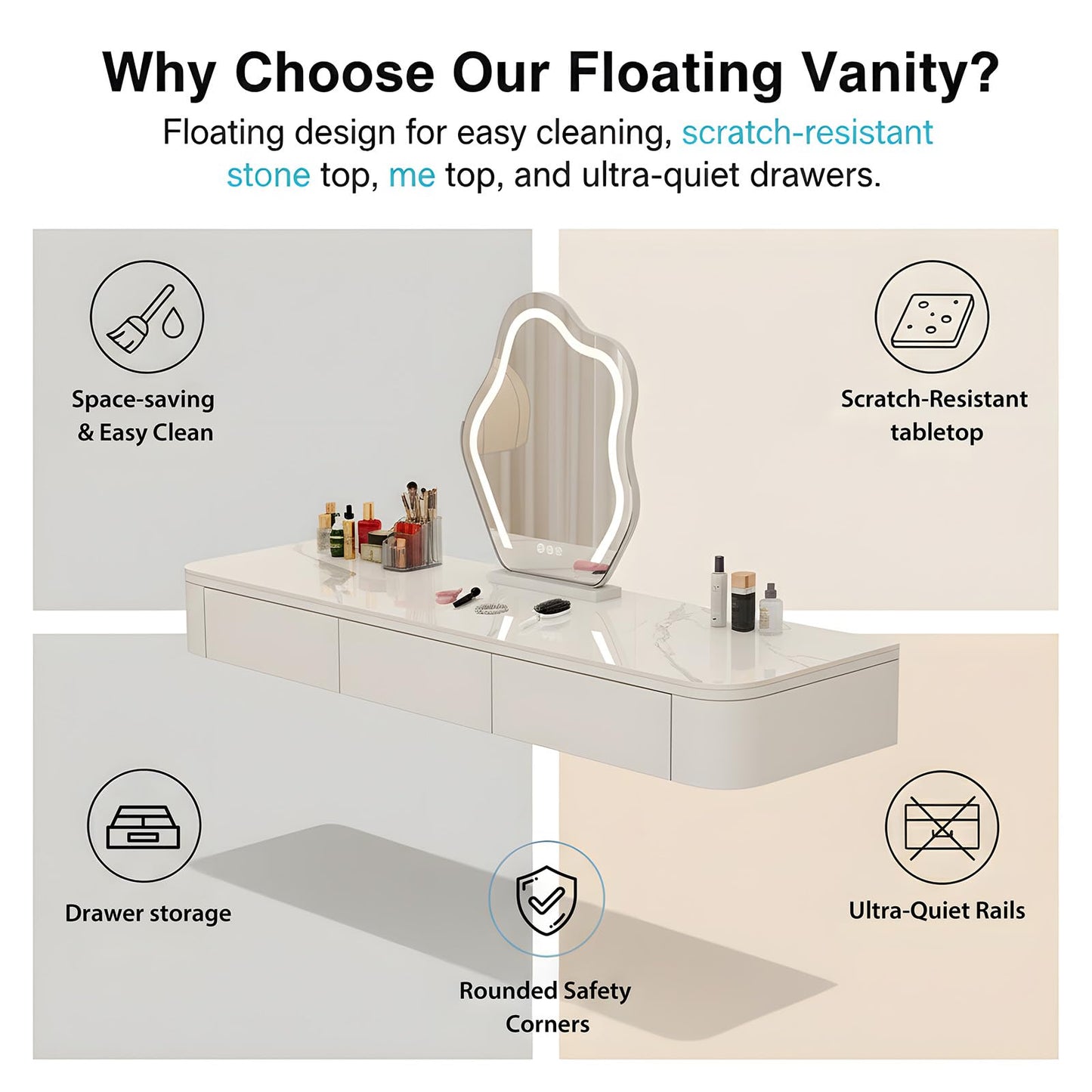 Quvex Fully Assembled Floating Makeup Vanity Desk, Wall Mounted Dressing Table with Drawers, Rounded Corners, 23.6" - 63" Available, Space-Saving Modern Hanging Dresser for Bedroom, Table Only