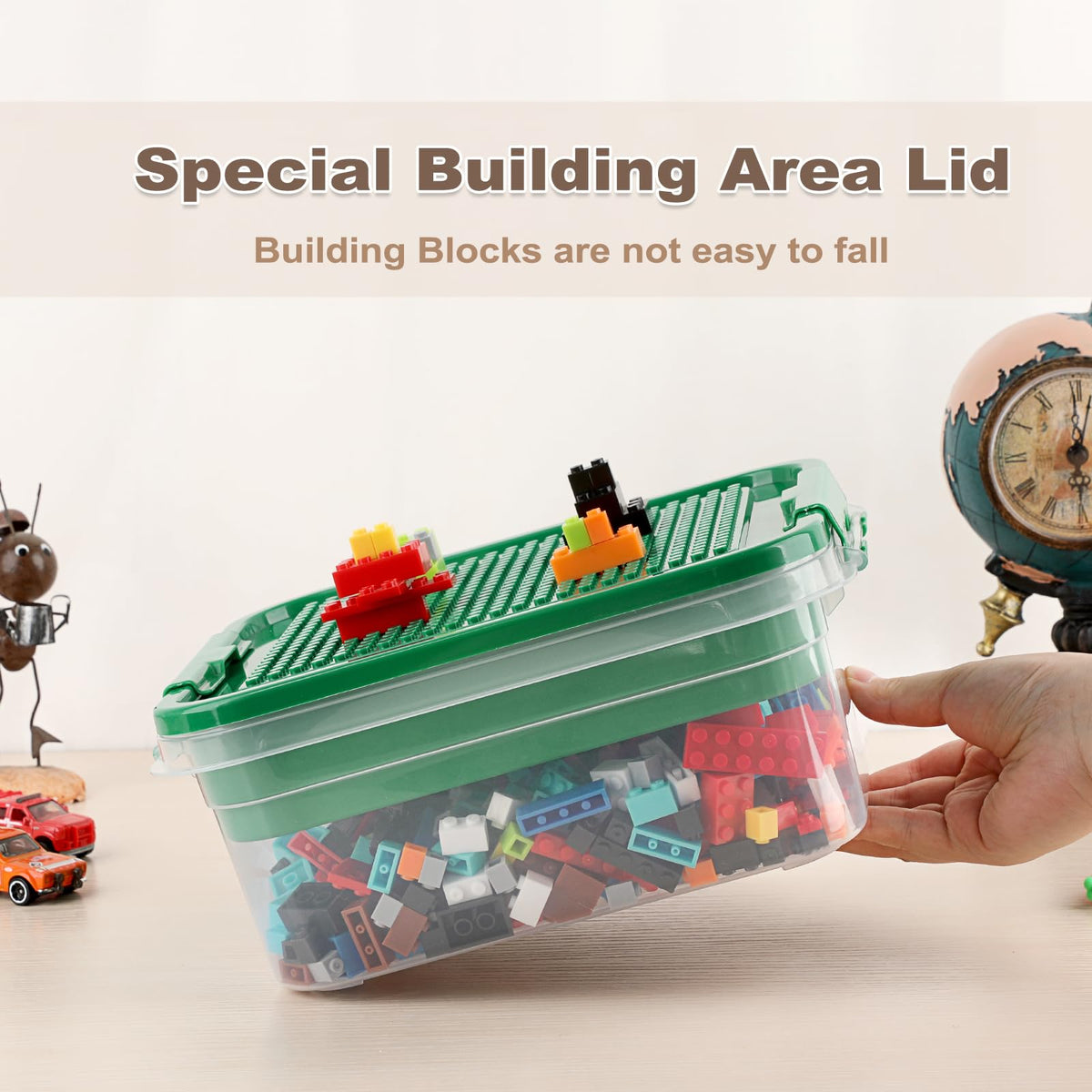 OGANAZI Toy Organizer with Bricks Baseplate Lid for Building Blocks, Bricks Building Set Organization Bin with Compartments Tray, Stackable Storage Box Building Block Chest Case (Green)