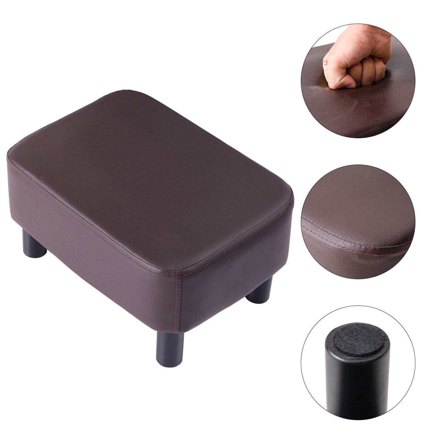 IBUYKE 16.54" Small Footstool, PU Faux Leather Step Stool, with Padded Seat Pine Wood Legs and Padded Rectangular Stool, for Bedroom, Brown RF-BD209