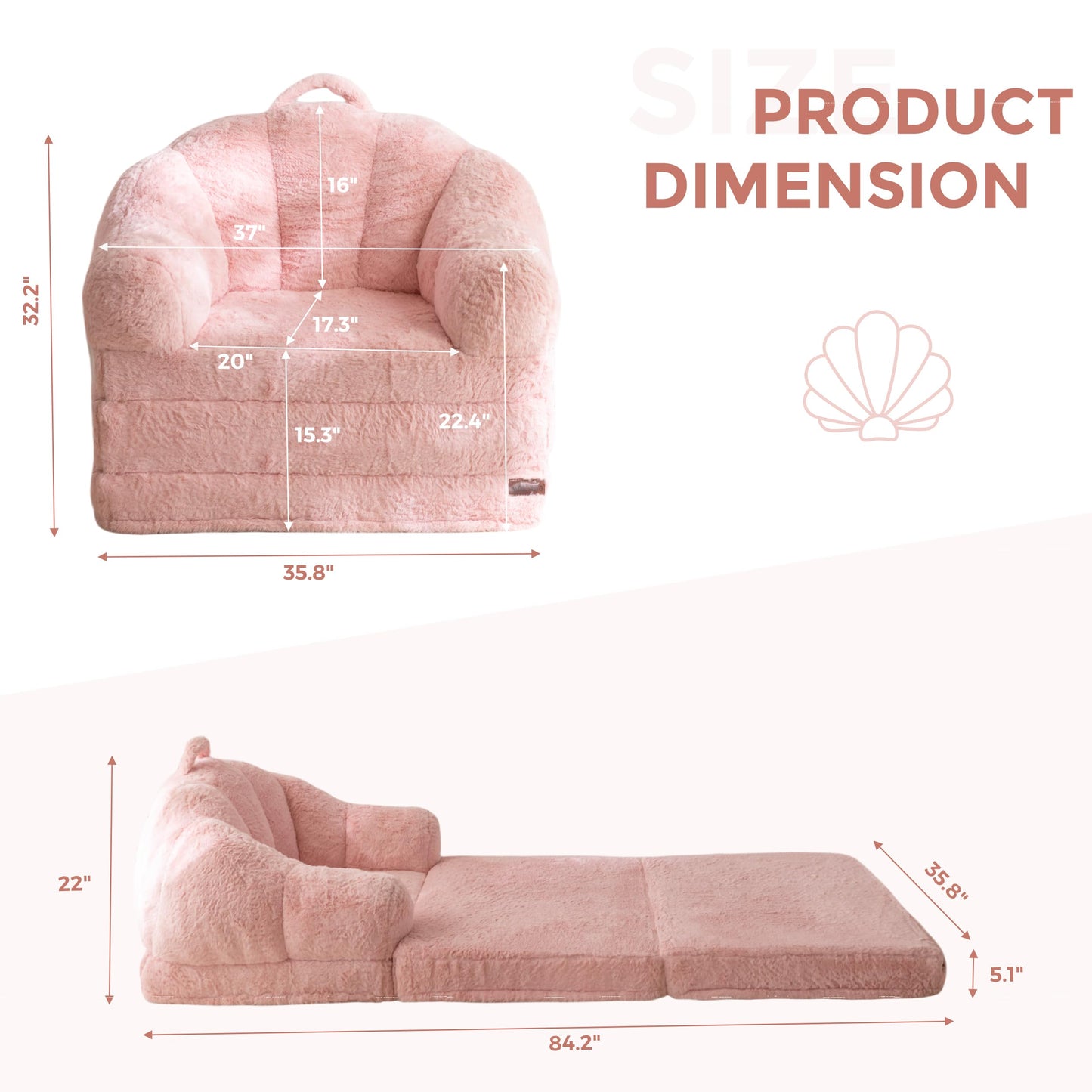 MAXYOYO Folding Sofa Bed, 2 in 1 Convertible Sofa to Lounger Comfy Single Bean Bag Chair for Adults, Floor Couch with Handle, Faux Fur Couch Bed for Living Room Bedroom, Pink