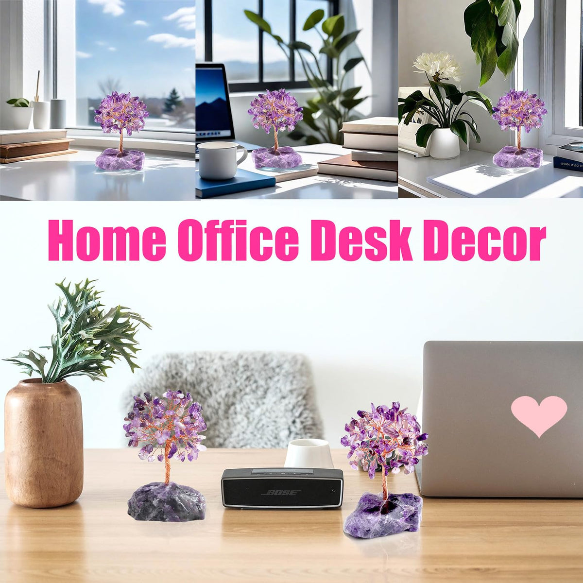 QINJIEJIE Amethyst Crystal Tree of Life Decor Crystals and Healing Stones Reiki Natural Crystals Base Copper Wire Spiritual Meditation Energy Purple Room Office Desk Decor Purple Gifts for Women