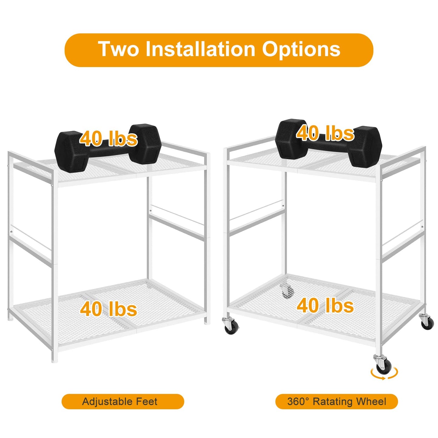 OYEAL Computer Tower Stand, PC Tower Stand Metal Rolling Cart Holds up to 40lbs, 2 Tier Mobile Printer Stand with Storage Under Desk for Home & Office, White