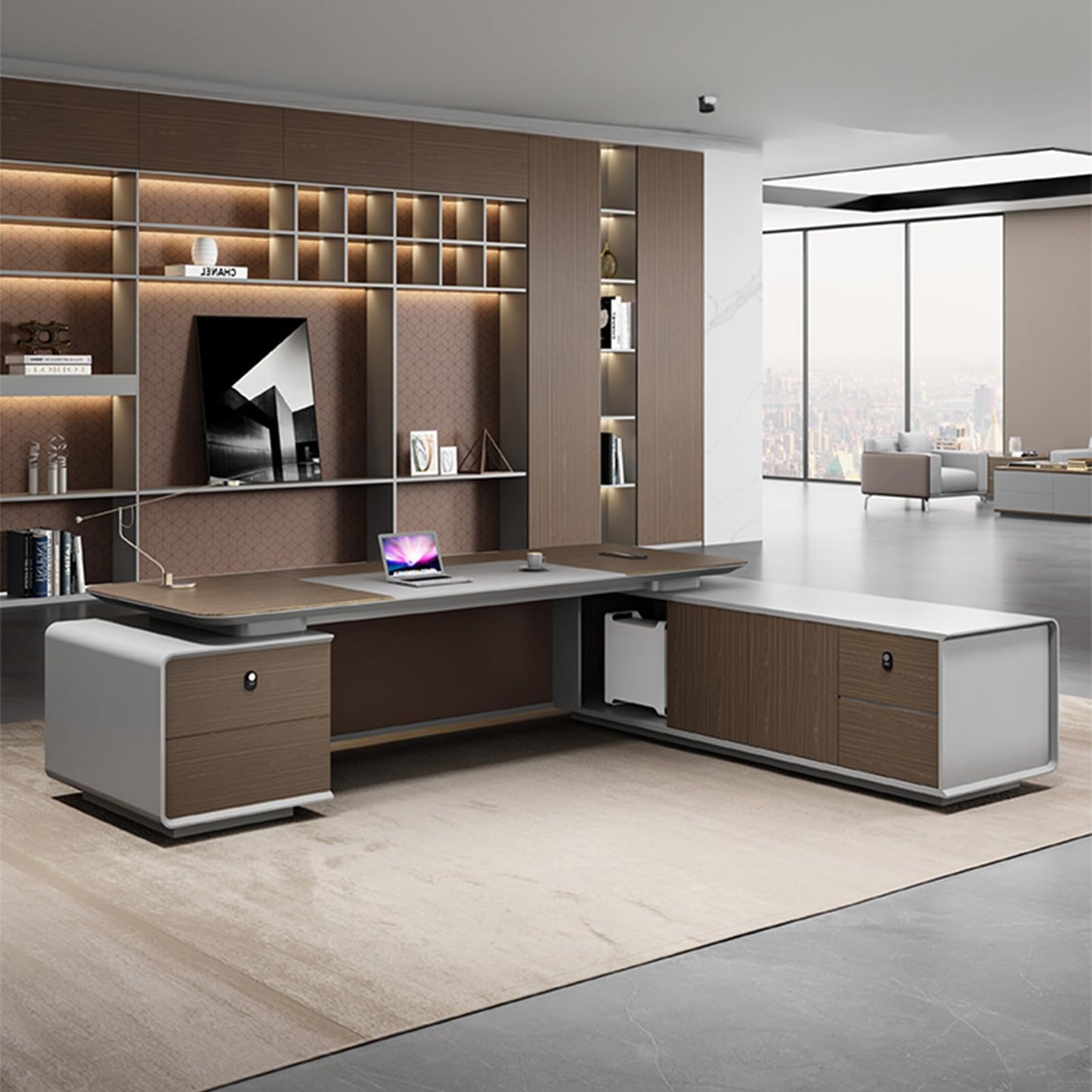 LSIGHTUS 102" Brown Large Modern Executive Office Desk, Wood Computer Desk with Lateral Cabinet Study Writing Table Business Furniture Set for CEO Boss, Business