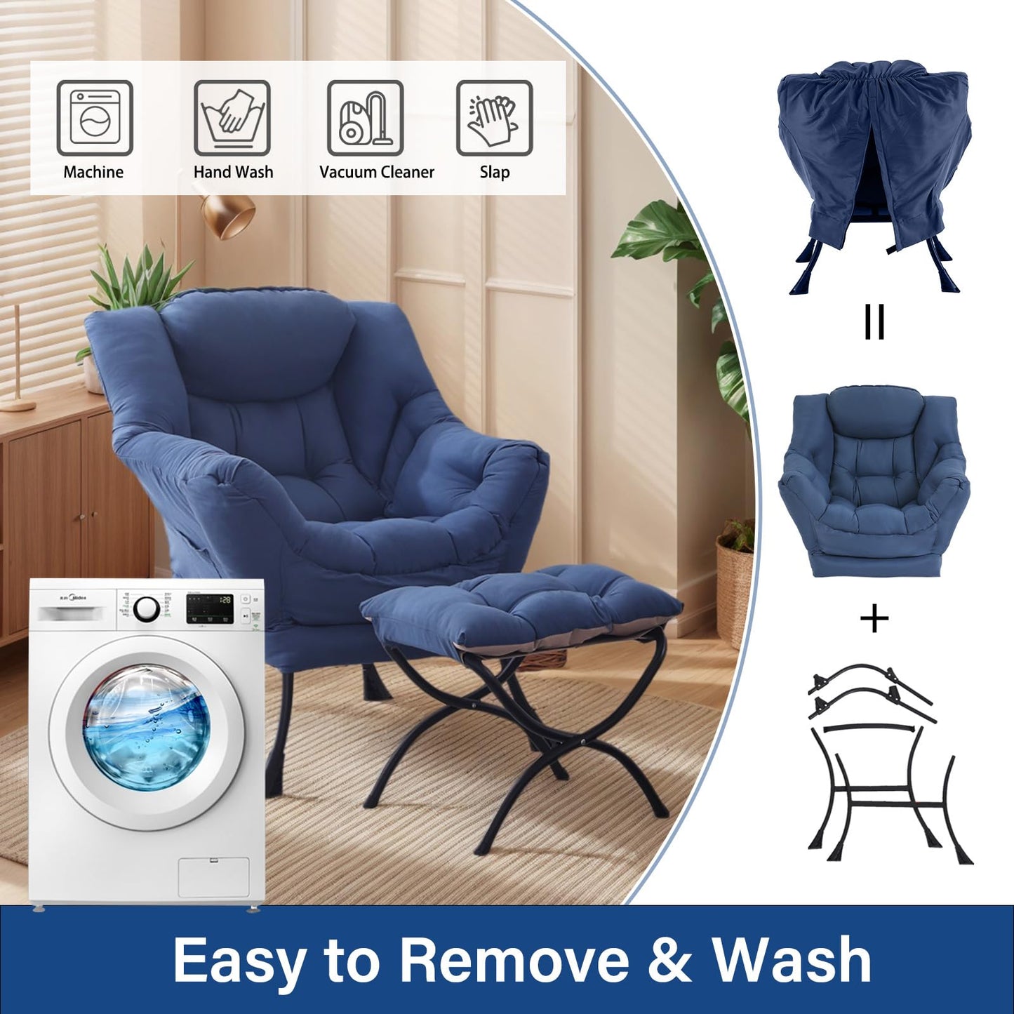 HomEastlly Lazy Chair with Ottoman, Large Royal Blue Accent Chair with Ottoman, Comfy Reading Armchair, Leisure Sofa Chair for Living Room, Bedroom, Dorm Room, Office