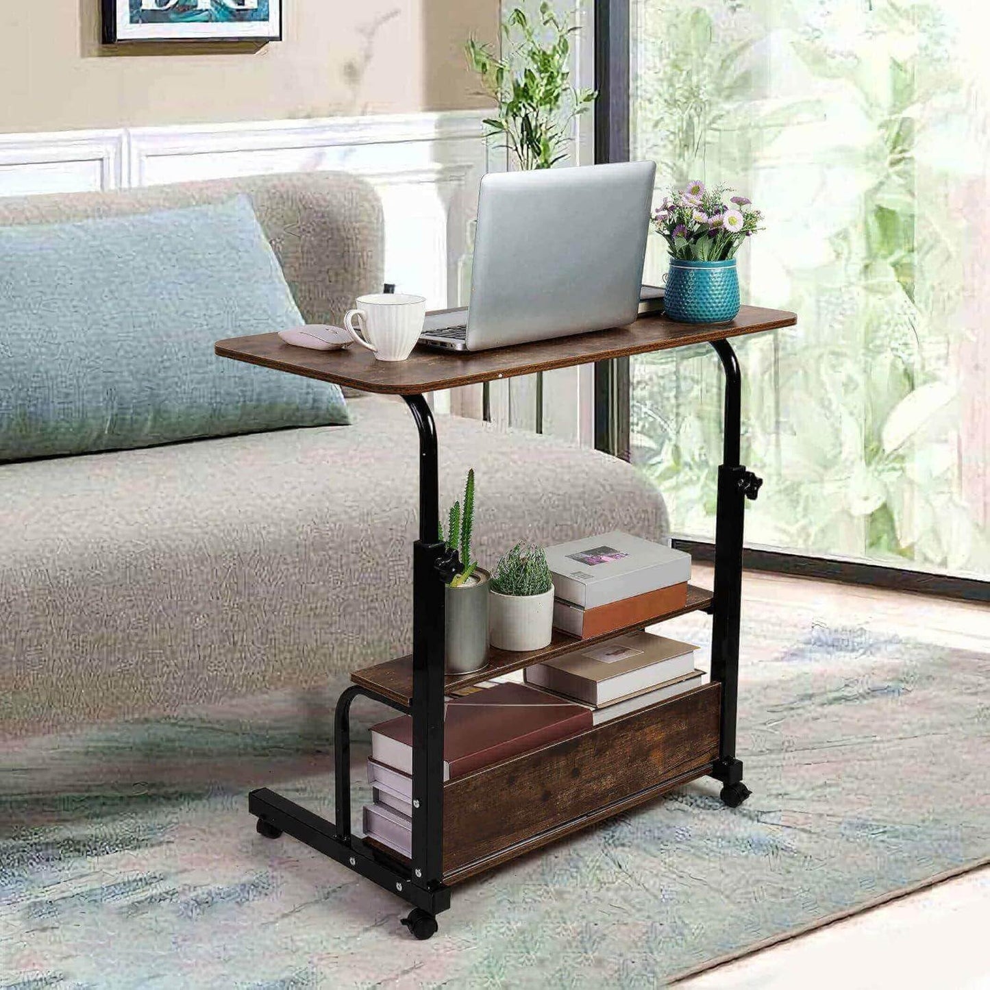 Adjustable Height Mobile Computer Desk for Small Space Rolling Writing with Wheels Corner Home Office Study Portable Desks Standing Desk Rolling Desk Mobile Laptop Table Size 31.5X15.7 Inch Brownish