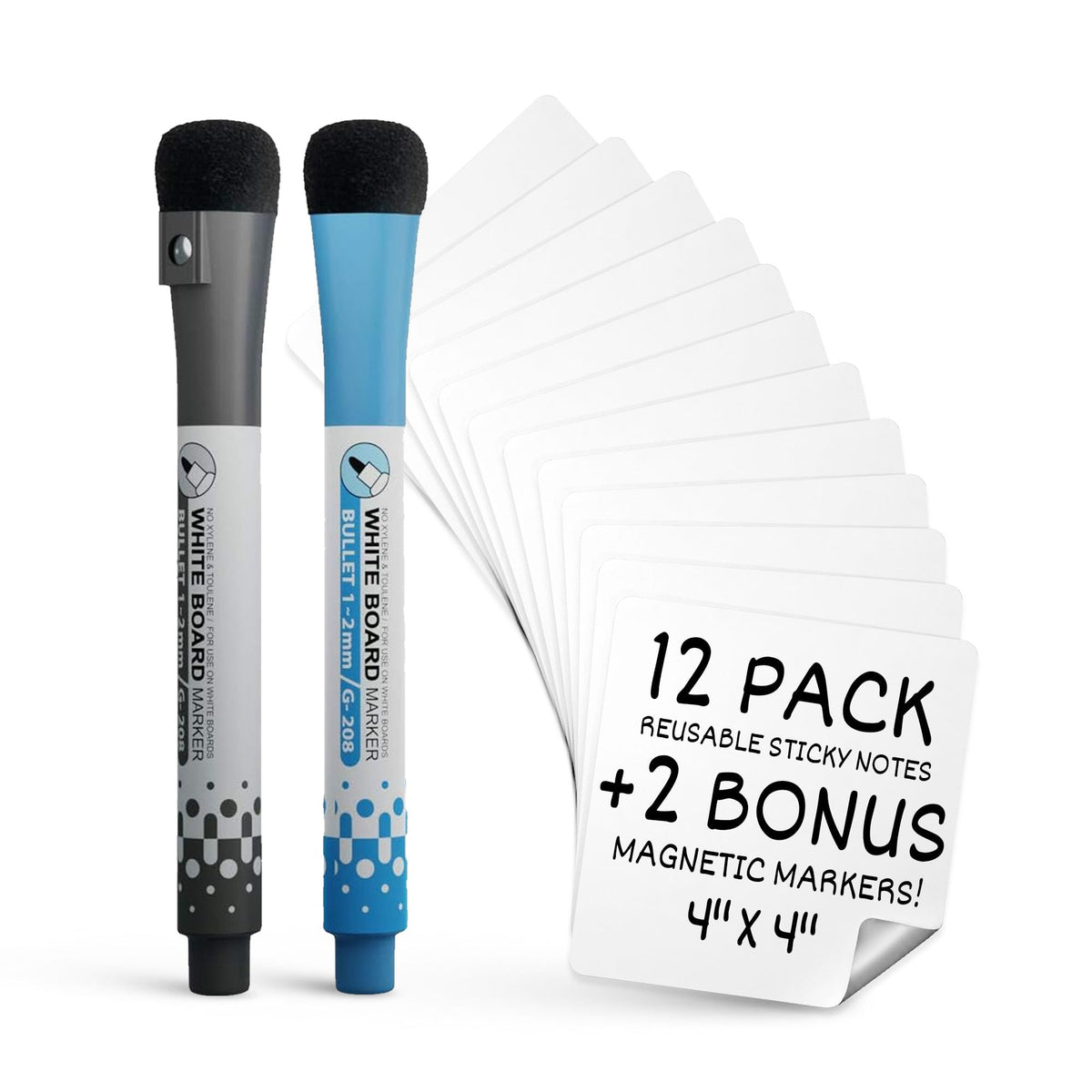 Dry Erase Reusable Sticky Notes – 12 Pack of 4 x4 Whiteboard Stickers – for Home, Office & Classroom – Great for Lists, Reminders, Labels & Decals – Includes 2 Magnetic Fine Tip Markers with Erasers
