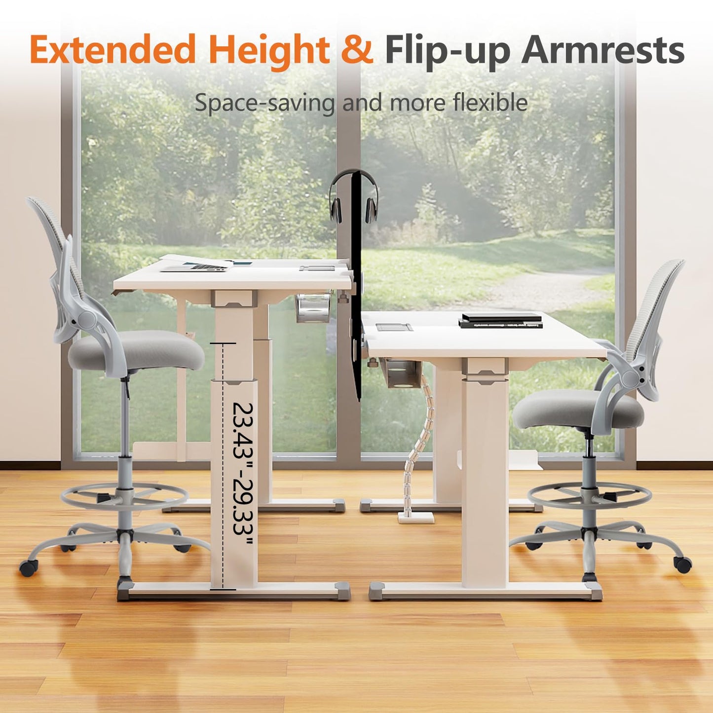 Sweetcrispy Tall Drafting Office Desk Chair - Ergonomic High Stool Computer Chair with Adjustable Height and Comfy Lumbar Support, Rolling Counter Height Chair with Flip-up Arm and Footrest, Grey