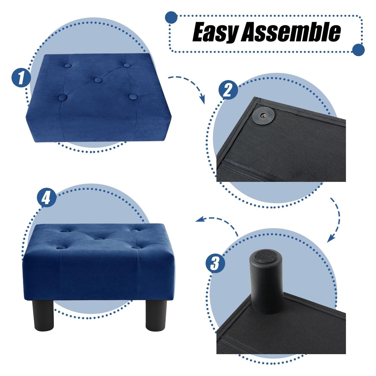 BRIAN & DANY Small Foot Stool, Velvet Foot Stools with Legs, Stable Small Footstool for Living Room, Blue