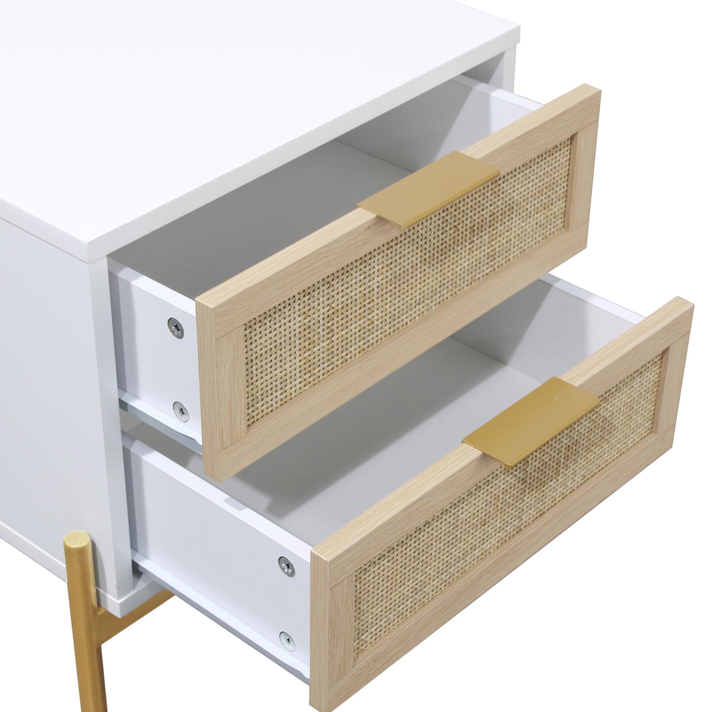 Nathan James Daisy White Desk Wall Unit, Vanity and Nightstand Set, Wood Desk with Drawer and Side Table with Metal Legs and Rattan Accent
