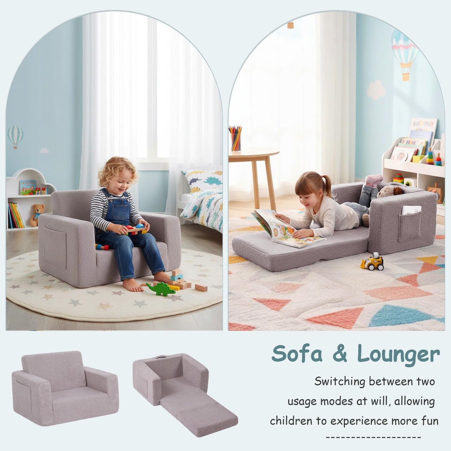 Tiita Kids Sofa, 2-in-1 Todder Couch, Convertible Children Couch to Lounger, Flip Out Kids Sofa Chair, Toddler Armrest Chair Bed, Folding Kids Play Sofa for Girl or Boy (Grey)
