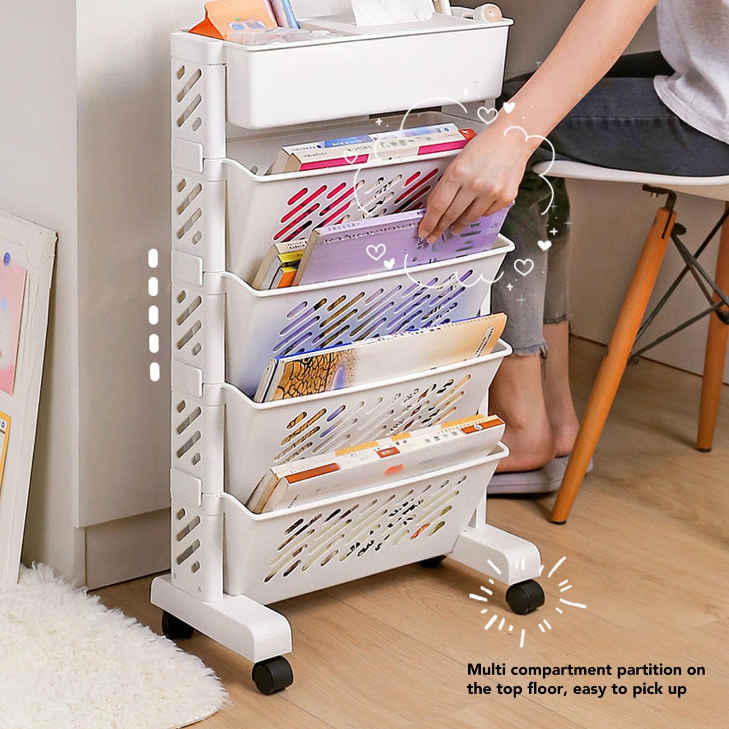 Removable Plastic Bookshelf for Home Study Room - 5 Tiers Mobile Storage Organizer Shelf With Wheels - Book Rack Cart