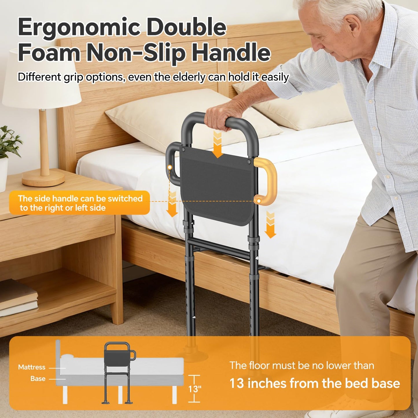 OUWEJHGH Bed Rails for Elderly Adults Safety – Adjustable Height Bed Assist Rail for Seniors, 400lb Capacity, ASTM Approved, Non-Slip Handle, Fixing Strap & Storage Pocket (Twin/Full/Queen/King)