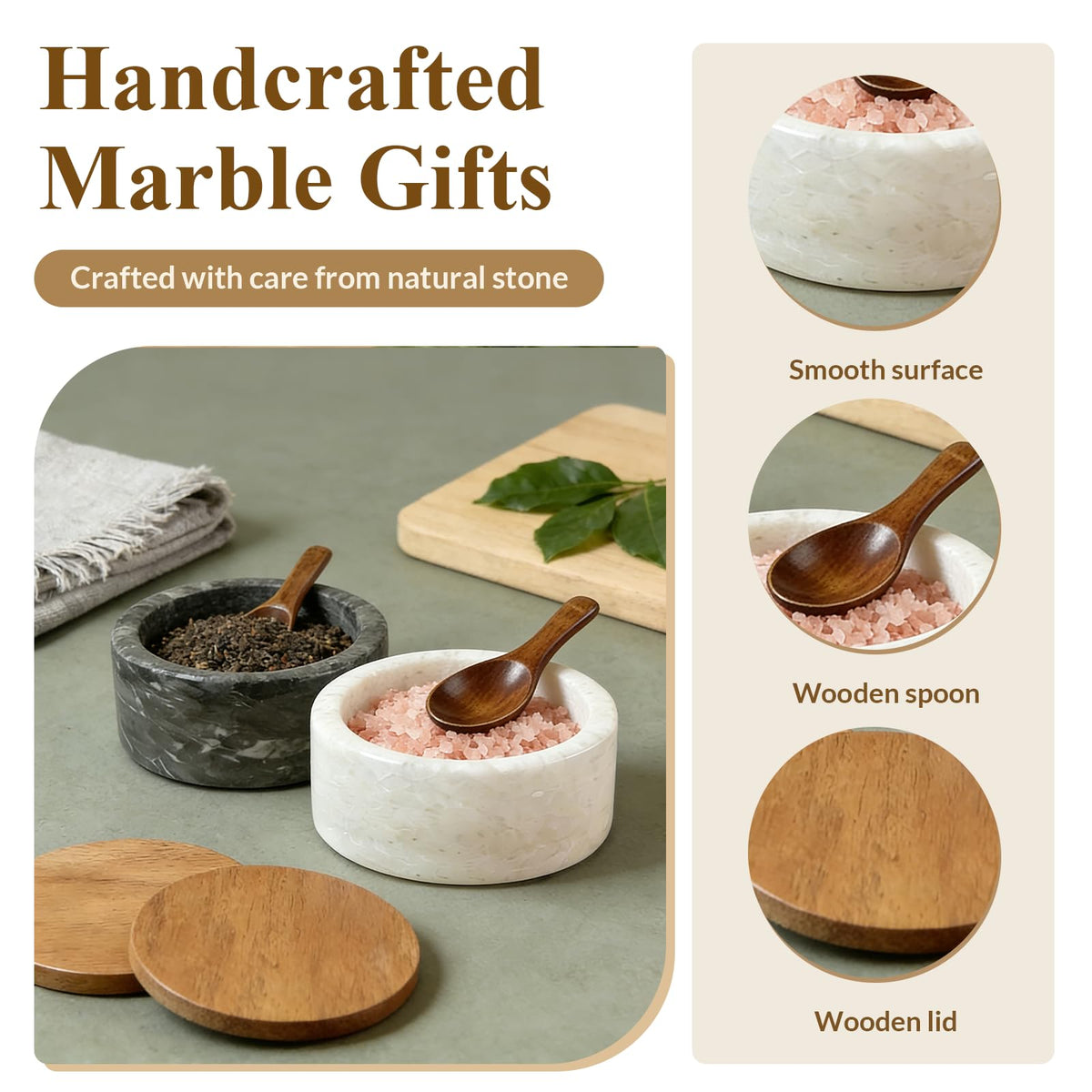 ZJSYTQS Marble Salt and Pepper Bowls,2Pcs Handcrafted Solid Marble Salt and Pepper shakers with Lids and Spoons, Stackable Spice Containers for Kitchen Counter Decor