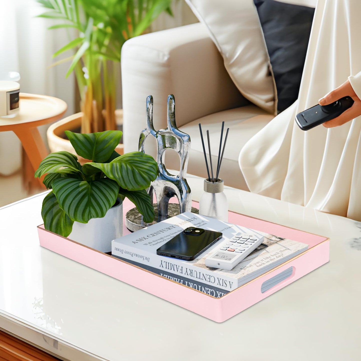 MAONAME Pink Serving Tray with Handles, Modern Decorative Tray for Coffee Table, Plastic Rectangular Trays for Ottoman, Bathroom, Decor, 15.8” x 10.2” x 1.4"