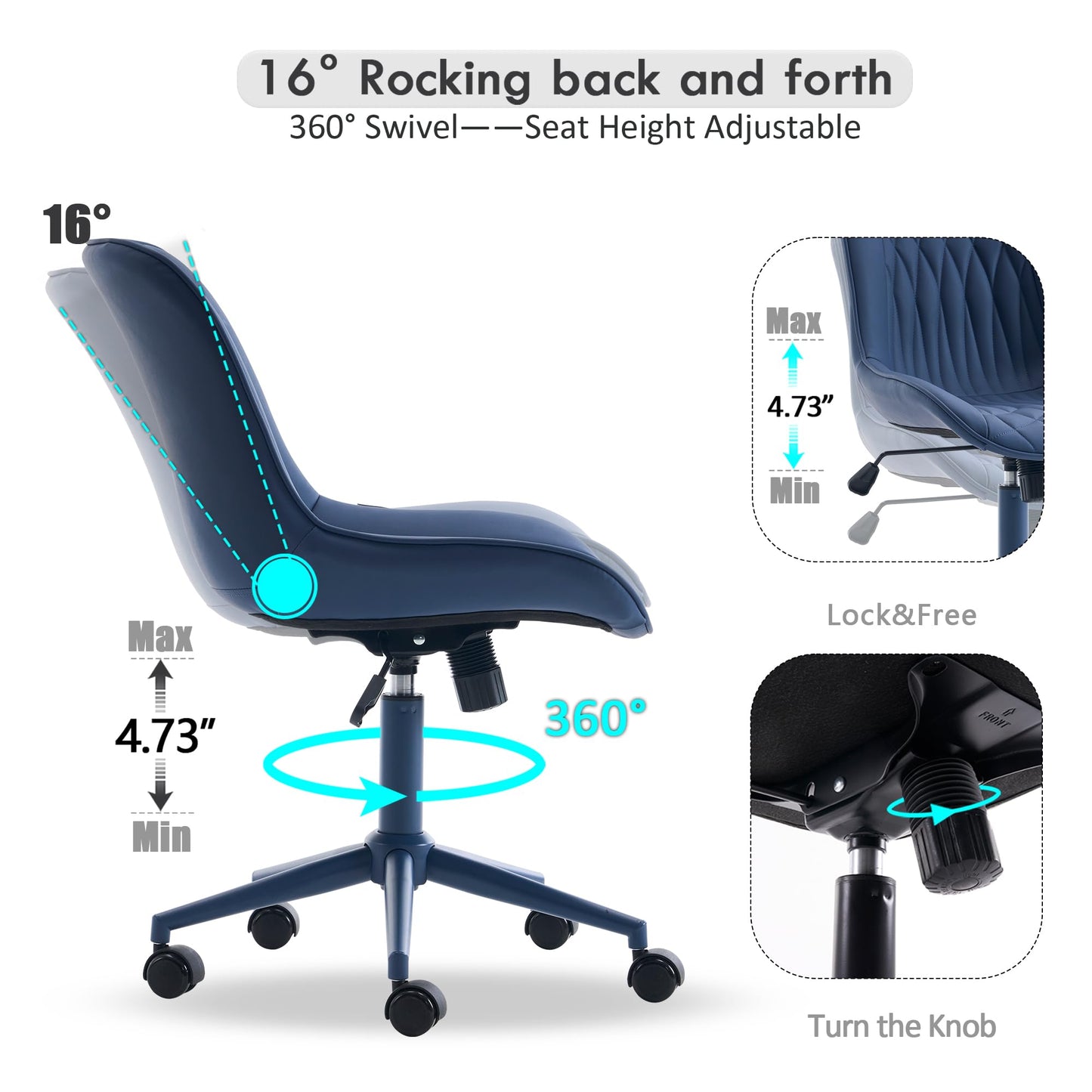 YOUNIKE Faux Leather Ergonomic Office Chair Armless Comfy Desk Chair with Rocking Back Cute Swivel Vanity Chair with Wheels Height Adjustable Small Computer Task Chair for Sewing Drafting Navy Blue