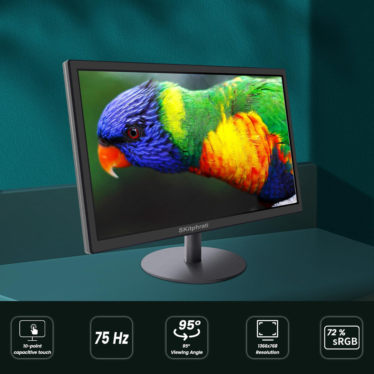 SKitphrati 18.5 Inch Touchscreen Monitor HD 1366x768, VESA Wall Mountable, 10-Points Computer Touch Screen PC Display with Type-B HDMI VGA Port, 75Hz Desktop Touch Display, Black