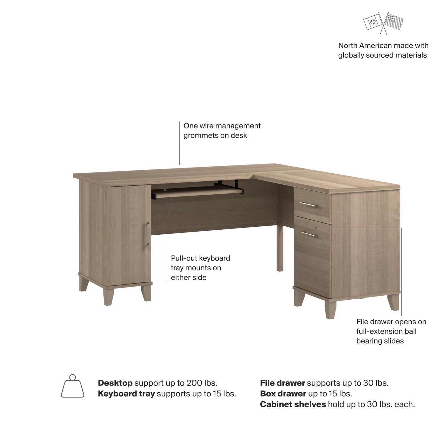 Bush Home 60-Inch L-Shaped Desk with Storage, Corner Computer Office Desk with Drawers and Storage Cabinet, Home Office Furniture, Somerset Collection, Ash Gray
