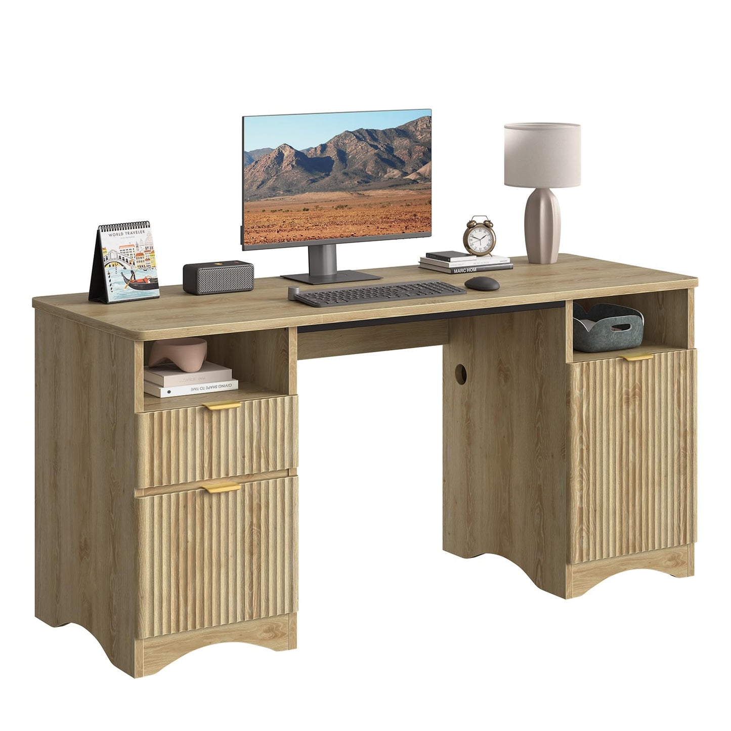 Bestier Computer Desk with 2 Drawer, 59 inch Office Desk with Storage Cabinet & 2 Open Storage, Fluted Executive Desk for Home Office & Studio, Brown Oak