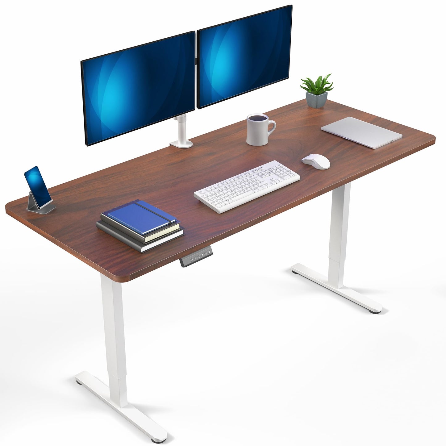 VIVO Electric 71 x 30 inch Standing Desk, Dual Motor Memory Controller Height Adjustment, E2B Series, Solid One-Piece Dark Walnut Top, White Frame, DESK-KIT-E2W71D