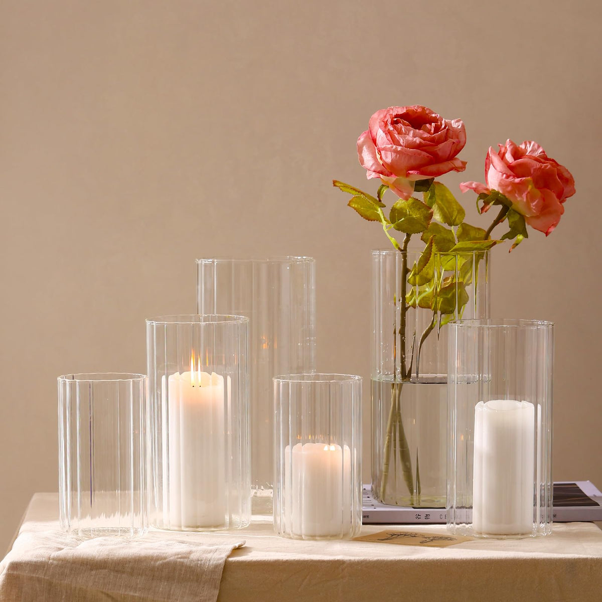 PHOSPHOR 6 PCS Ribbed Glass Candle Holder, Cylinder Candle Holders for Pillar Candles, Clear Glass Hurricane Candle Holders 6'', 8'', 10'' Glass Cylinder Centerpieces Vases