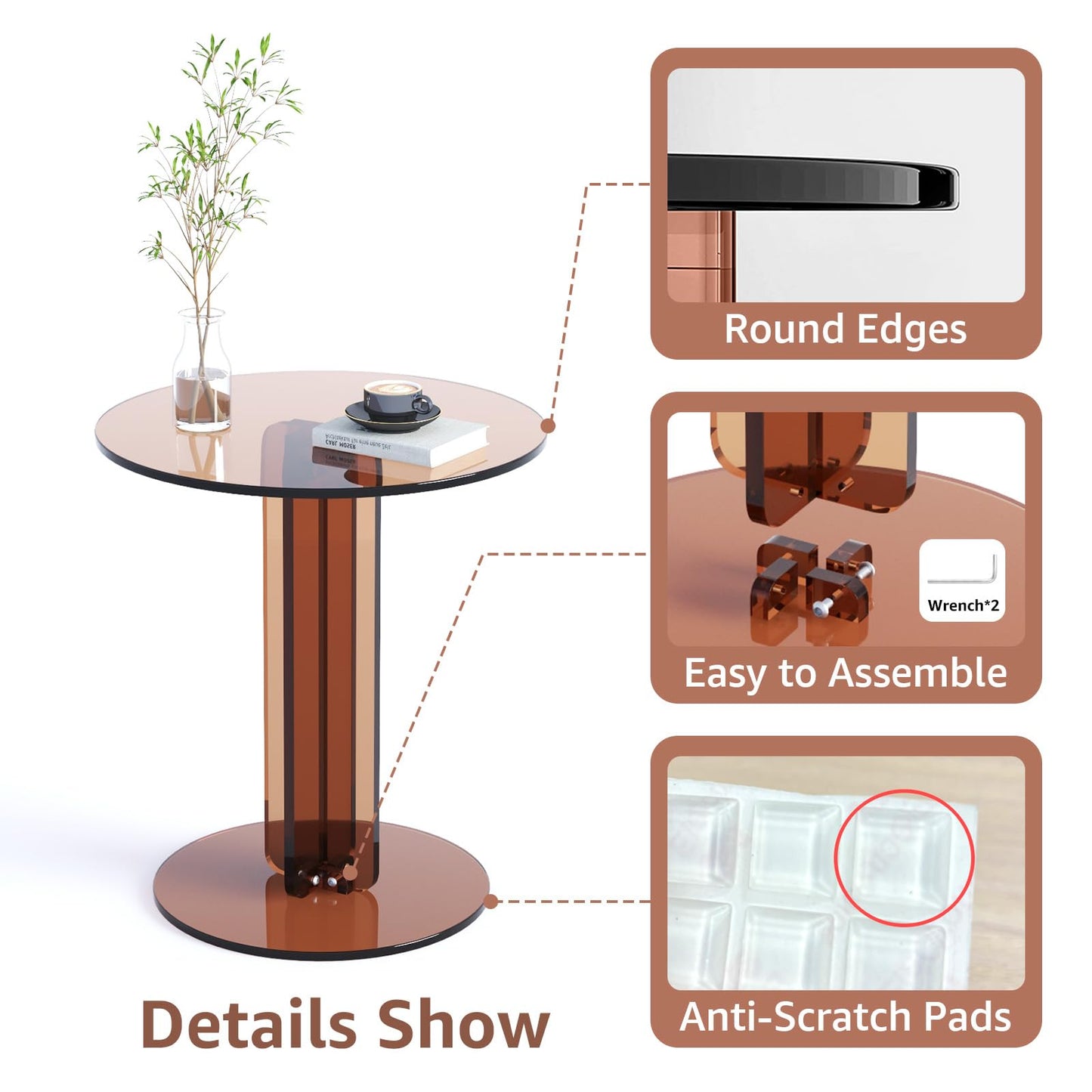 Klippehop Round Acrylic Side Table, Modern Accent End Table, Minimalist Bedside Night Stand, Small Coffee Tables for Living Room Office Bedroom Indoor Home Decor, Brown