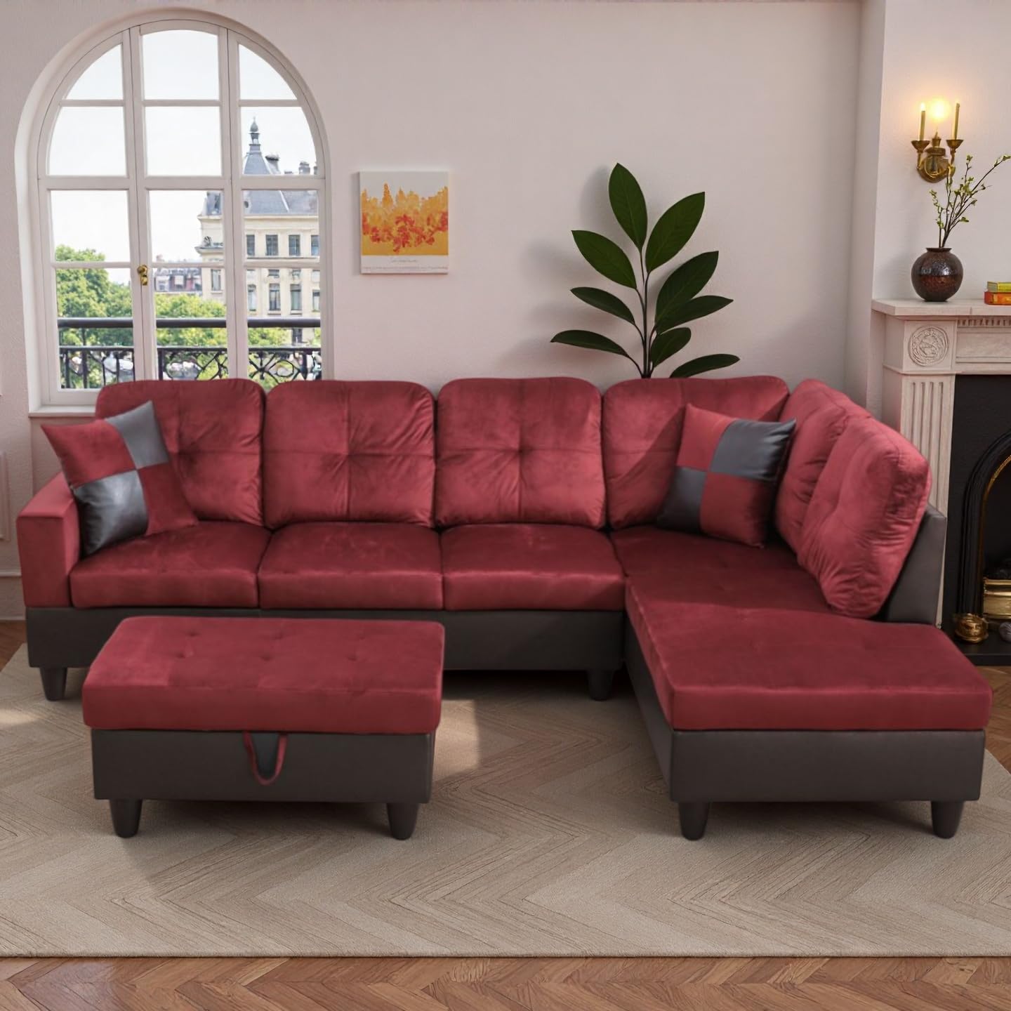 NicBex Sectional Couch 3 Pieces Sofa Set, L-Shaped Modular Couches for Living Room, Furniture Sets with Lounge Chaise & Storage Ottoman, Multi-Scene Use for Apartment & Office, Red+Black