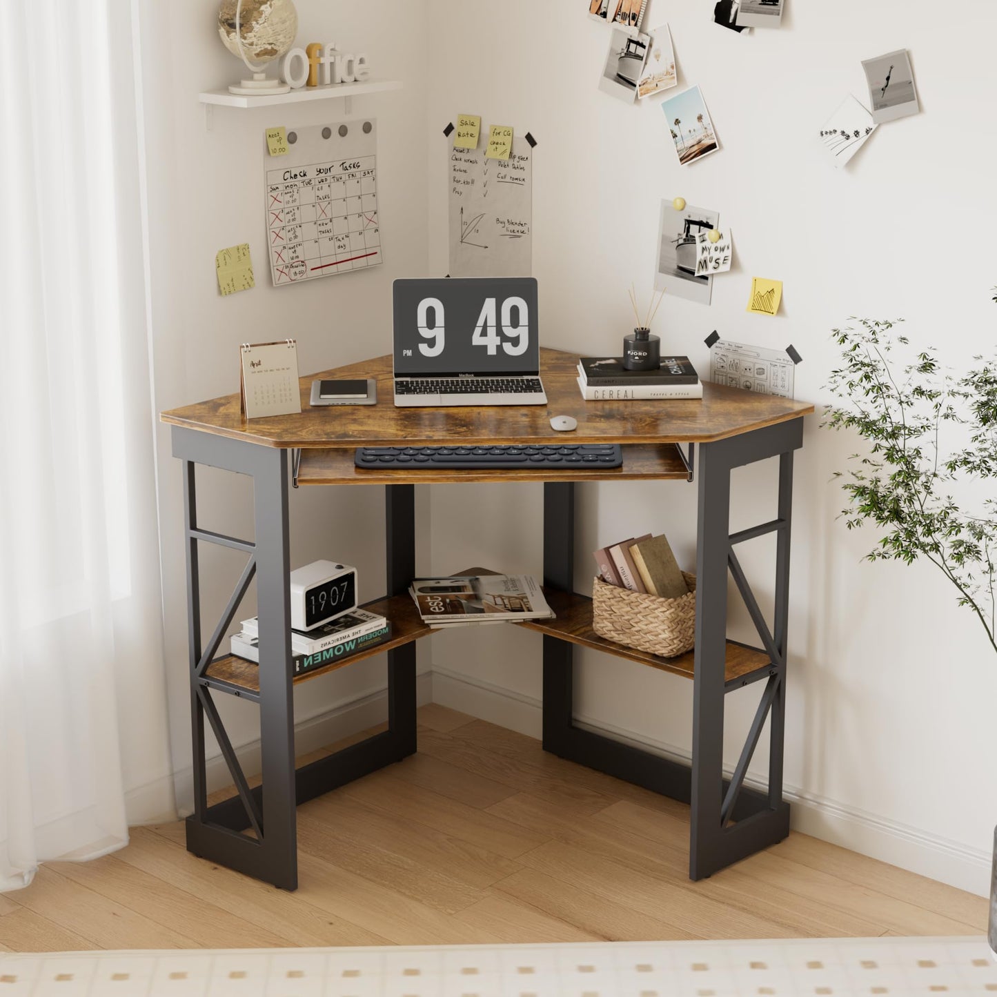 VECELO Corner Computer Desk 41 x 30 inches with Smooth Keyboard & Storage Shelves for Home Office Workstation, Antique Brown