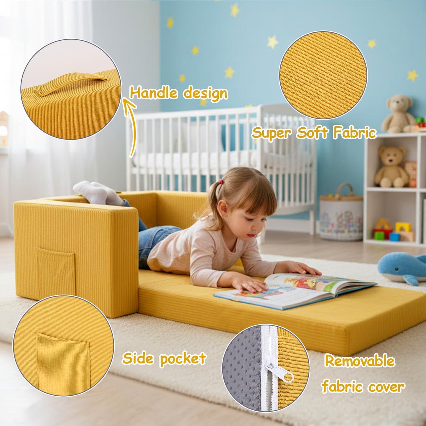 Tiita 2-in-1 Kids Sofa, Convertible Children Couch to Lounger, Flip Out Kids Chair, Toddler Armrest Chair Bed, Folding Kid Play Sofa for Girl or Boy, Corduroy Ginger Yellow