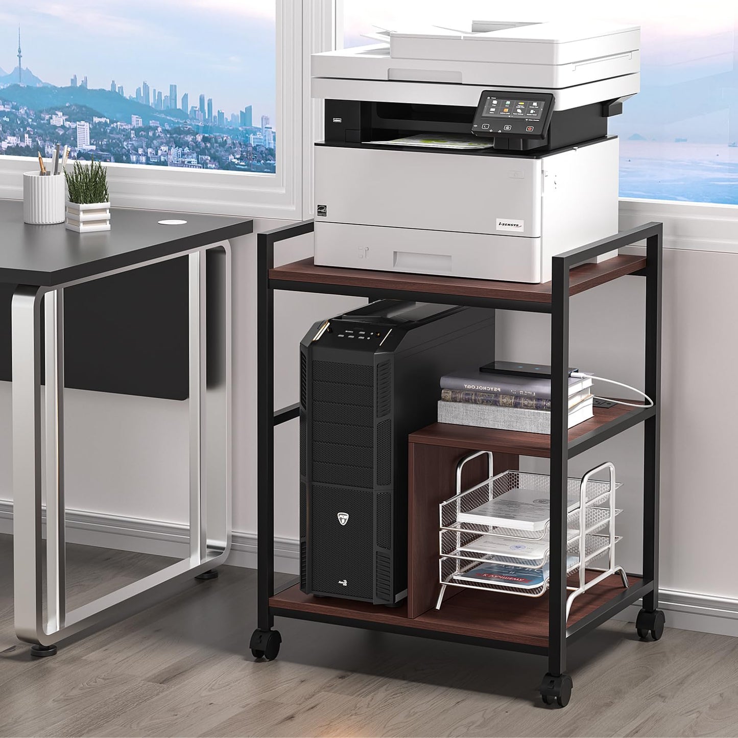Lerliuo 24" Wide Large Printer Stand with Storage, Printer Table for Home Office with Charging Station, Rolling Industrial Mobile Printer Cart with Lockable Wheels, Computer Tower Stand, Walnut