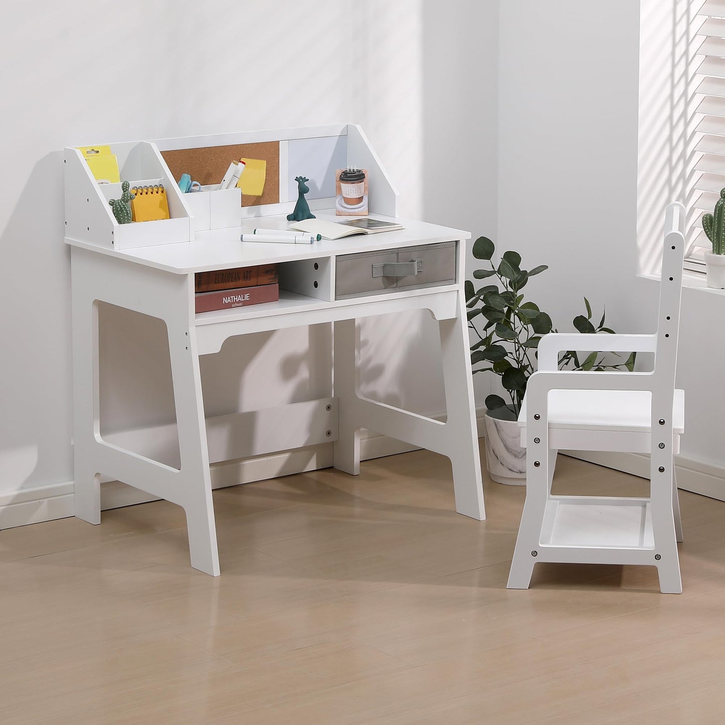 GarveeHome Kids Desk and Chair Set, Wooden Study Table with Storage Bins, Bookshelf, Bulletin Board, and Pen Holder, Writing Table for Boys and Girls, White