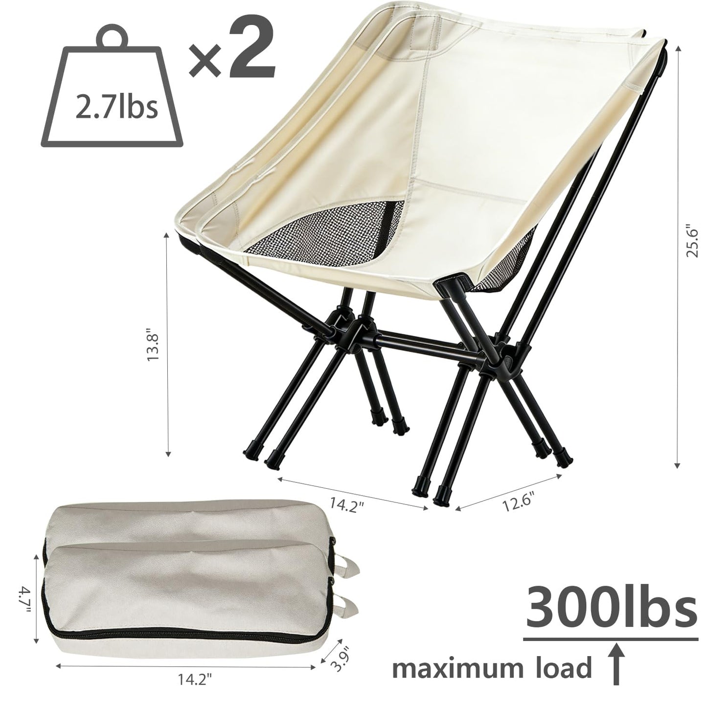 Wind Tour Portable Camping Chair Lightweight Foldable Outdoor Chair for Hiking Camp Backpacking Lawn Beach Fishing Picnic with Carry Bag (White-2)