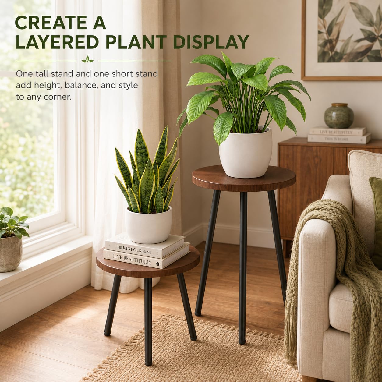 SAKSUN 2 Pack Plant Stand Set: Small Round Plants Stand Indoor Wood Grain Plant Tables with Metal Legs - Indoor Outdoor Plant Stands for Living Room, Bedroom, Patio, Balcony, Brown, 150 lbs Capacity